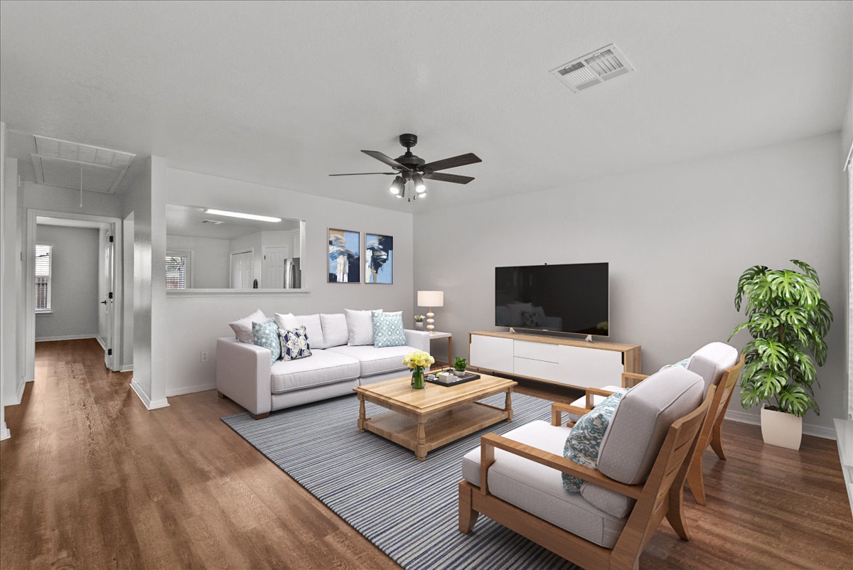 A 3D image of the Duplexes floorplan, a 1069 squarefoot, 2 bed / 2 bath unit