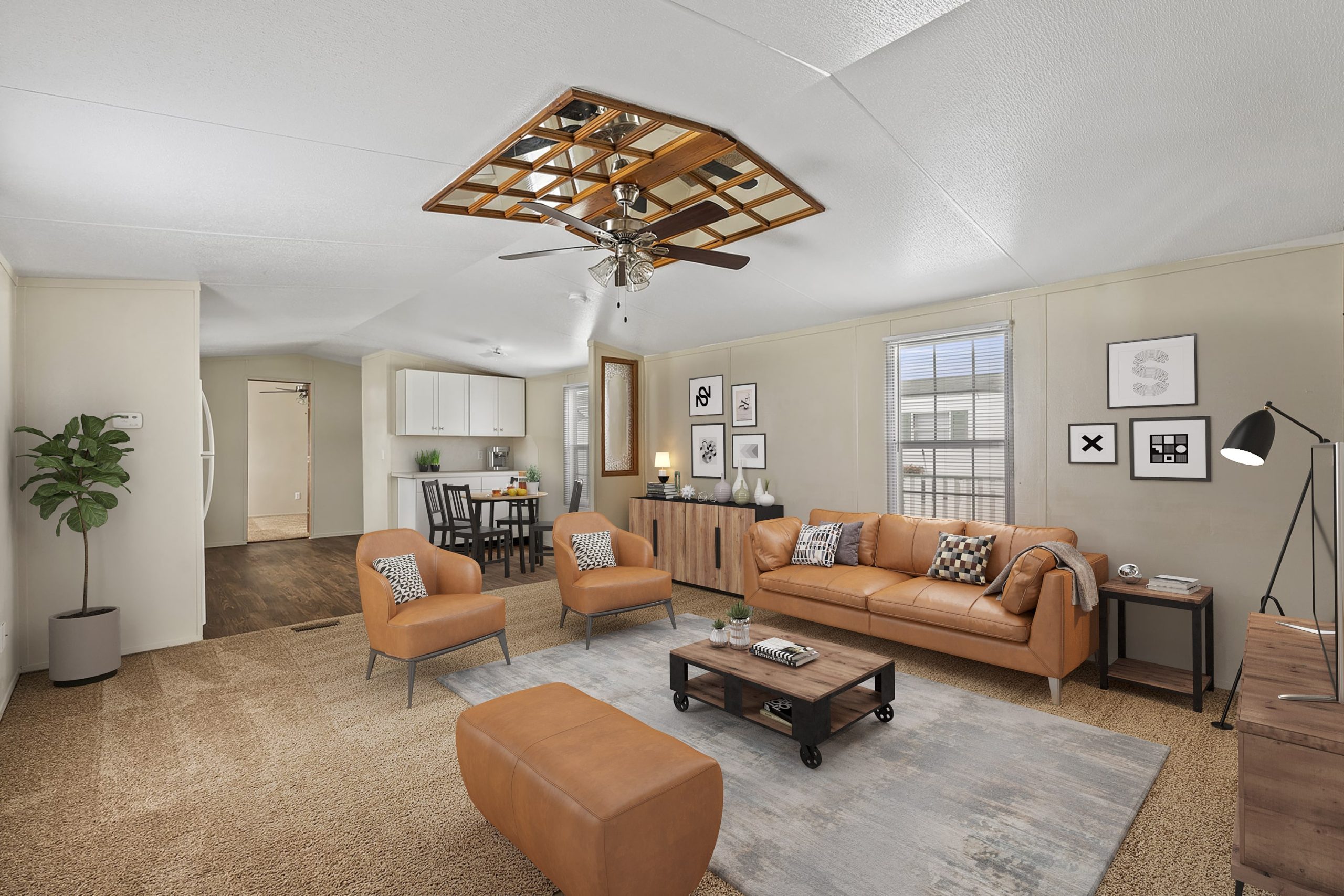 A 3D image of the Manufactured Homes floorplan, a 1140 squarefoot, 3 bed / 2 bath unit