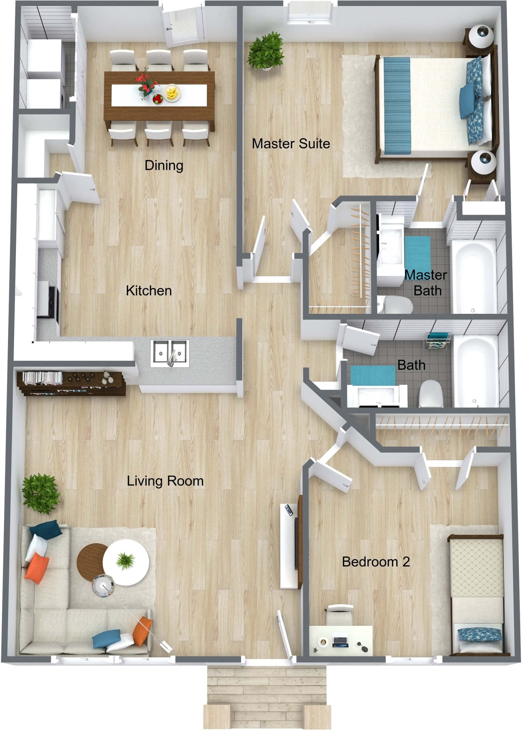 A 3D image of the Duplexes floorplan, a 1069 squarefoot, 2 bed / 2 bath unit